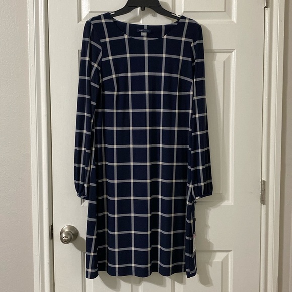 NWT Tommy Hilfiger long sleeve stretchy a line navy dress w/ cream grid pattern - Picture 1 of 7